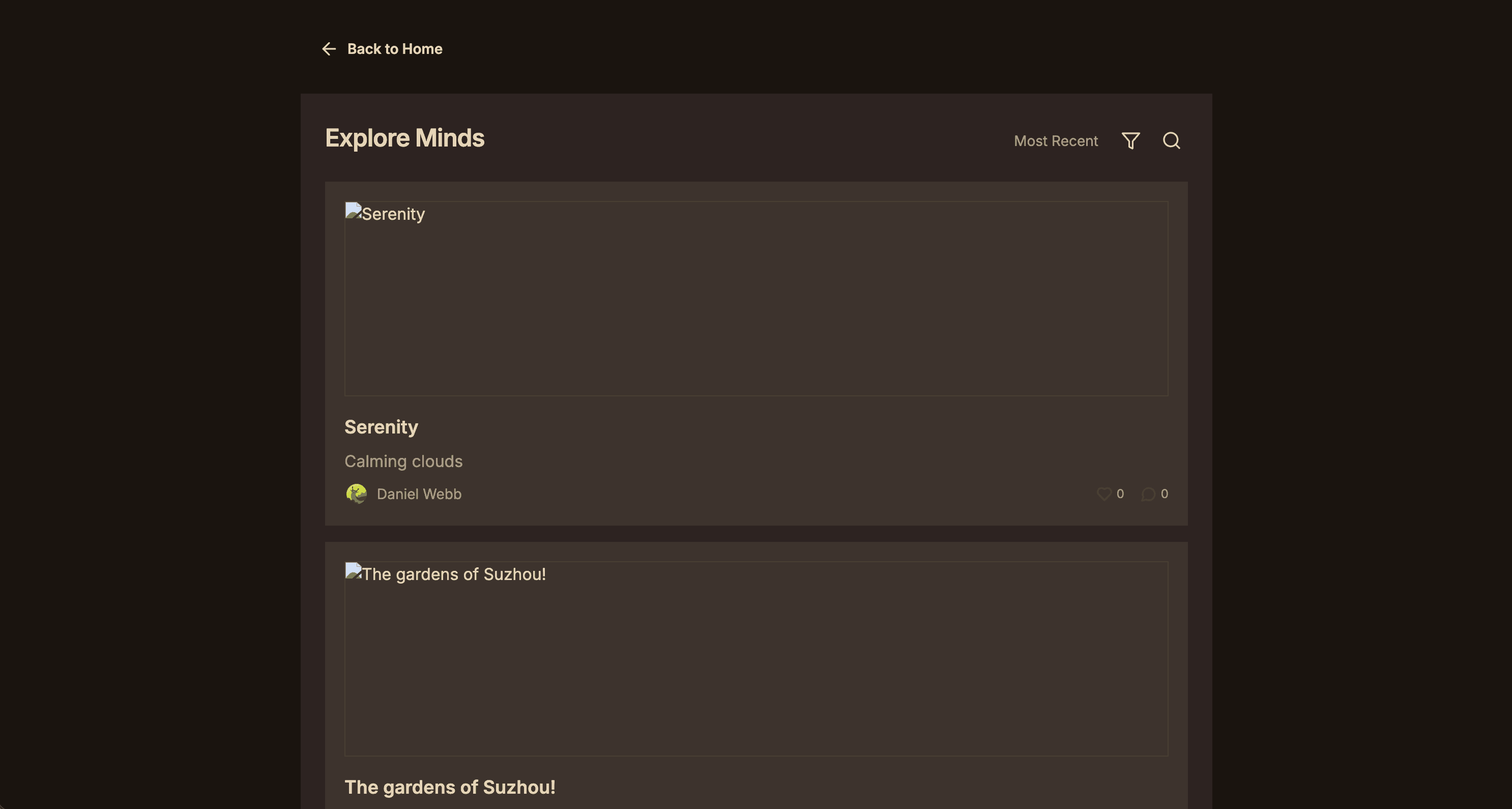 Minder explore feed showing shared entries and interaction controls.