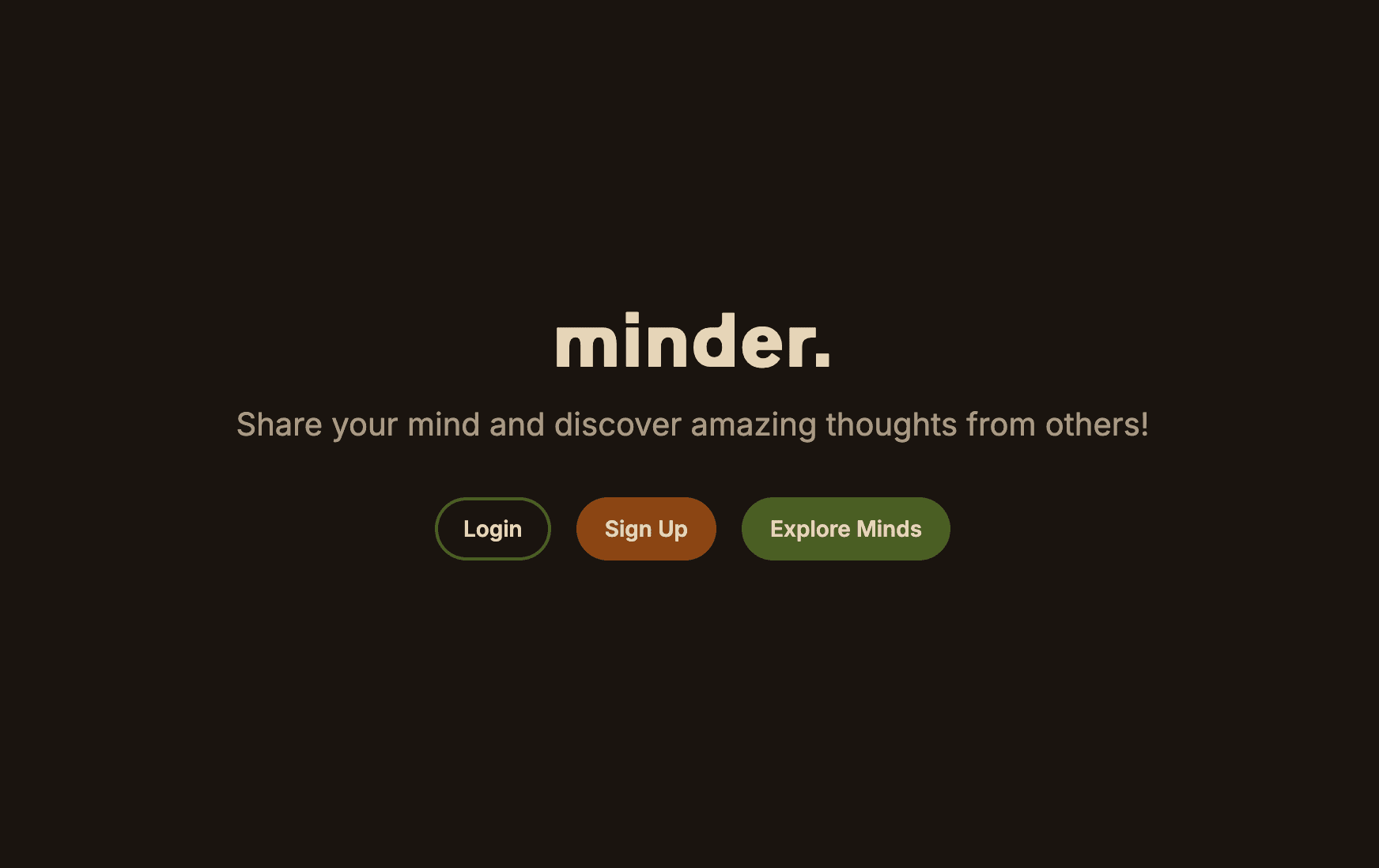 Minder landing screen with login, sign up, and explore minds actions.