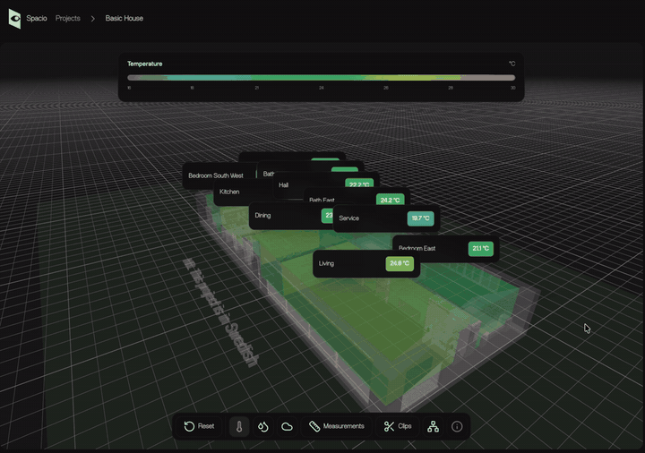 Animated Spacio BIM viewer showing a loaded building model and sensor panel.
